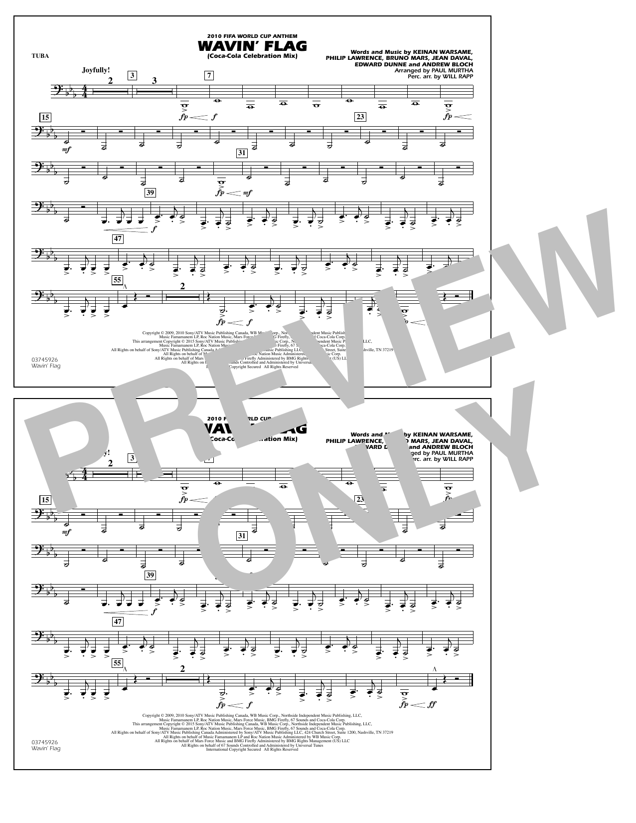Paul Murtha Wavin' Flag - Tuba sheet music notes and chords arranged for Marching Band