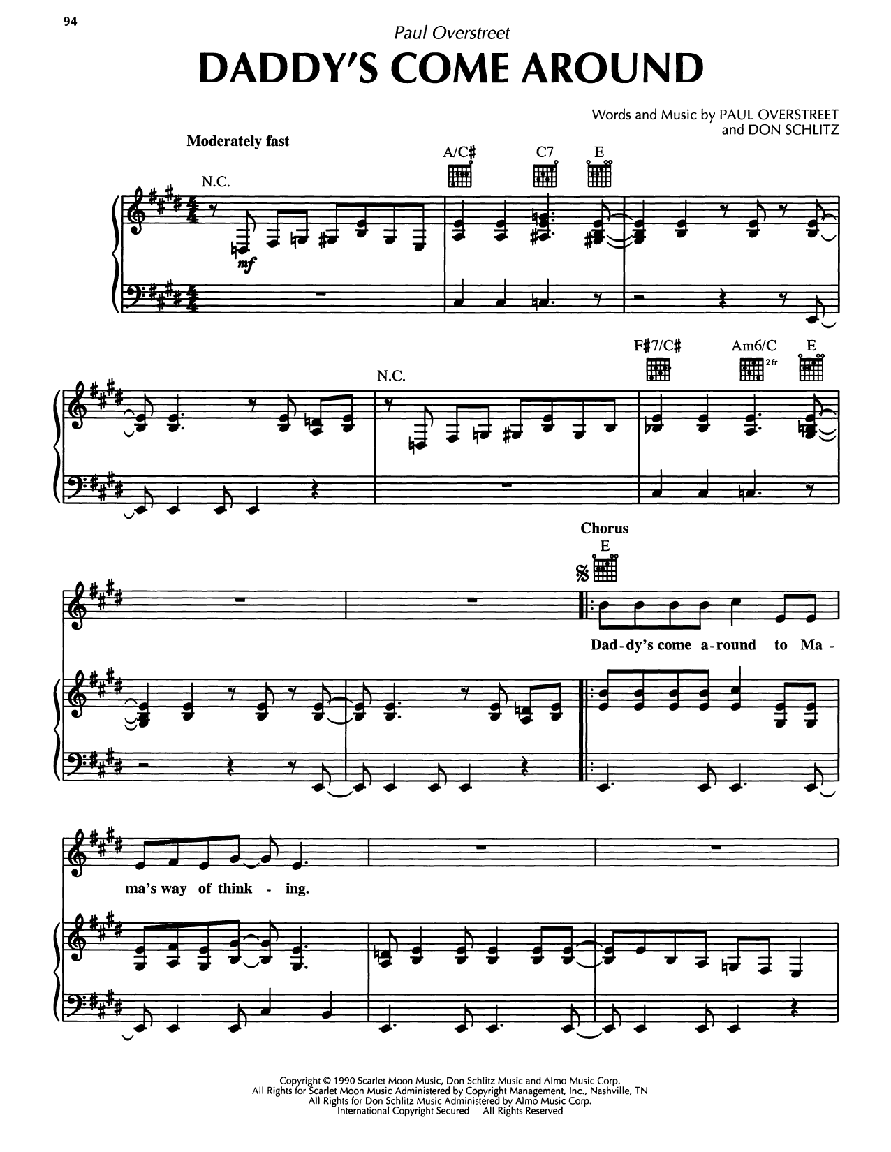 Paul Overstreet Daddy's Come Around sheet music notes and chords arranged for Piano, Vocal & Guitar Chords (Right-Hand Melody)