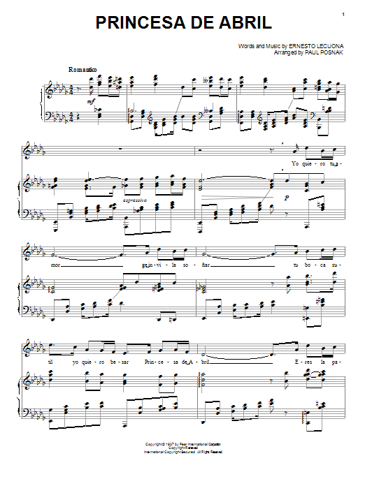 Paul Posnak Princesa De Abril sheet music notes and chords arranged for Piano & Vocal