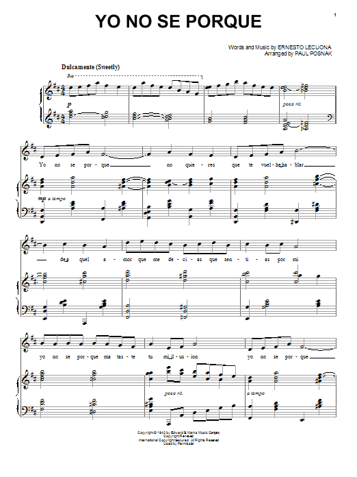 Paul Posnak Yo No Se Porque sheet music notes and chords arranged for Piano & Vocal
