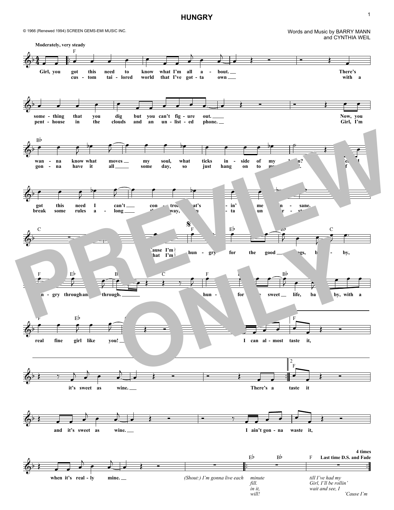 Paul Revere & The Raiders Hungry sheet music notes and chords arranged for Piano, Vocal & Guitar Chords (Right-Hand Melody)