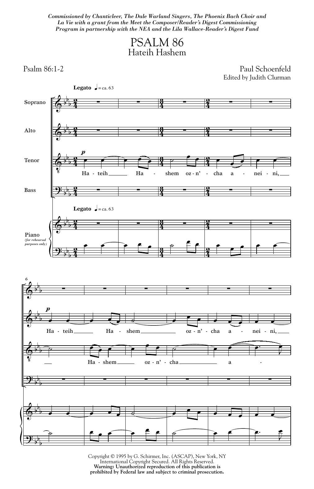 Paul Schoenfeld Psalm 86 sheet music notes and chords arranged for SATB Choir
