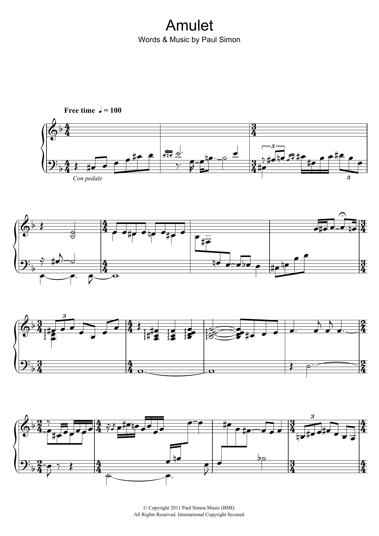 Paul Simon Amulet sheet music notes and chords arranged for Piano Solo