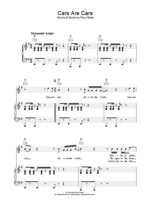 Paul Simon Cars Are Cars sheet music notes and chords arranged for Piano, Vocal & Guitar Chords