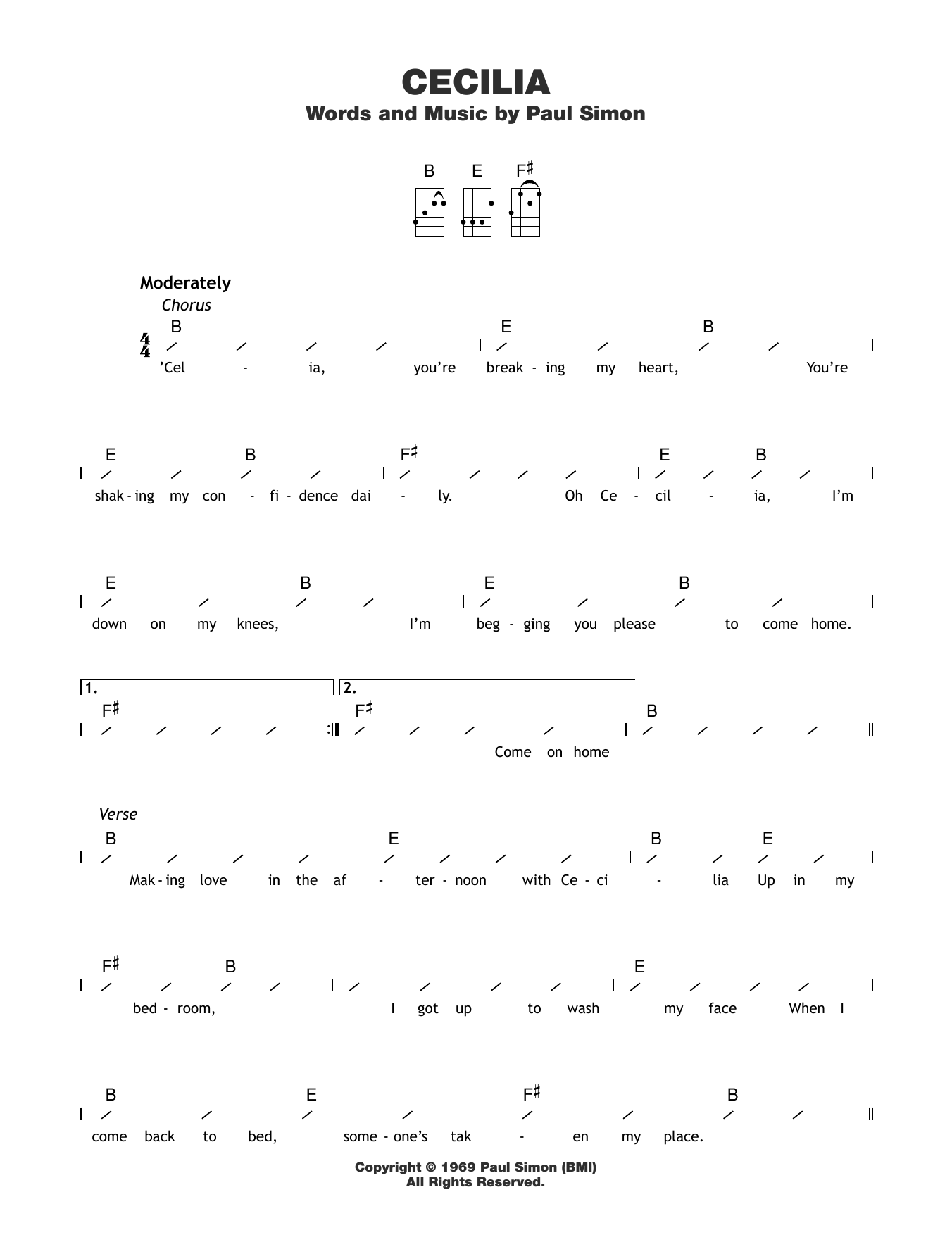 Paul Simon Cecilia sheet music notes and chords arranged for Ukulele Chords/Lyrics