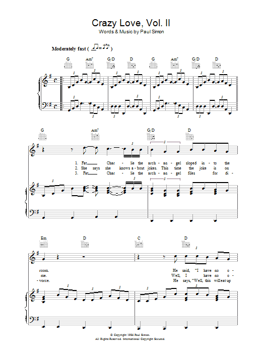 Paul Simon Crazy Love Vol. II sheet music notes and chords arranged for Piano, Vocal & Guitar Chords