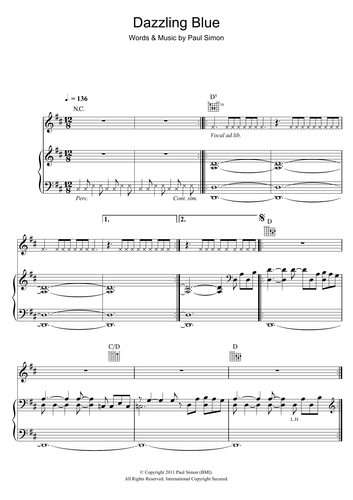 Paul Simon Dazzling Blue sheet music notes and chords arranged for Piano, Vocal & Guitar Chords