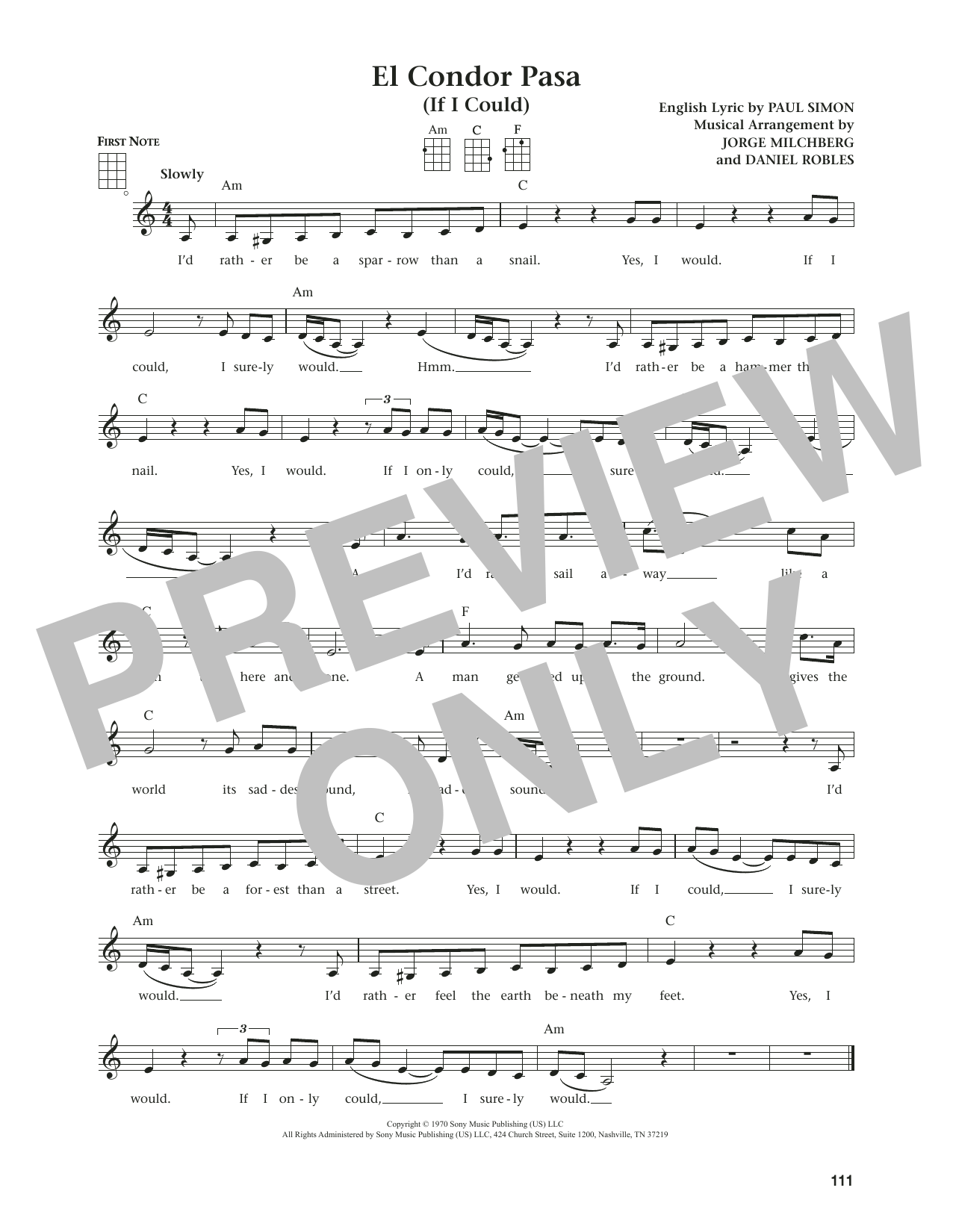 Paul Simon El Condor Pasa (If I Could) (from The Daily Ukulele) (arr. Jim Beloff) sheet music notes and chords arranged for Ukulele