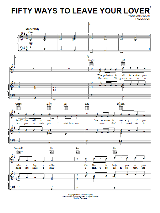 Paul Simon Fifty Ways To Leave Your Lover sheet music notes and chords arranged for Easy Guitar