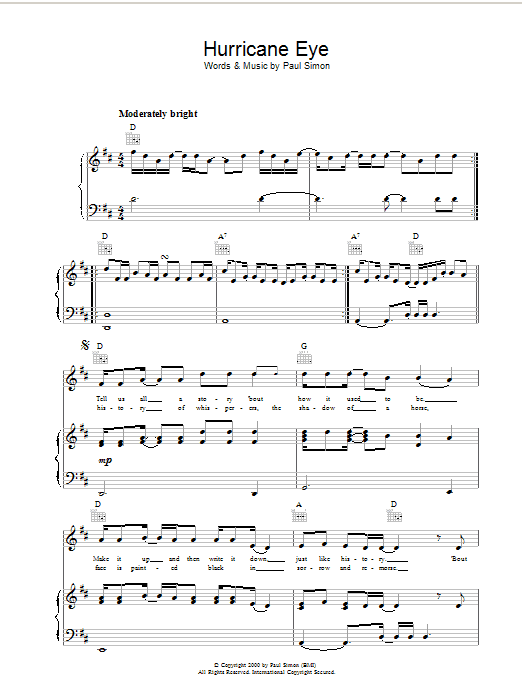 Paul Simon Hurricane Eye sheet music notes and chords arranged for Piano, Vocal & Guitar Chords