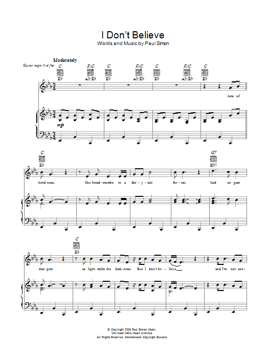 Paul Simon I Don't Believe sheet music notes and chords arranged for Piano, Vocal & Guitar Chords