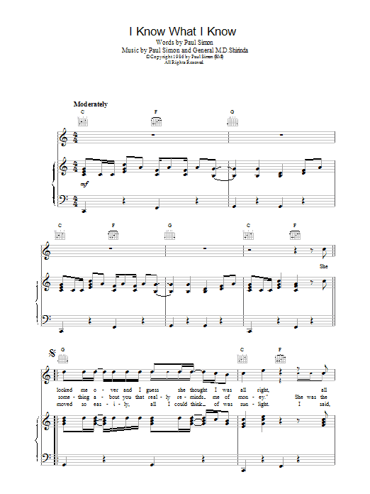 Paul Simon I Know What I Know sheet music notes and chords arranged for Piano, Vocal & Guitar Chords (Right-Hand Melody)