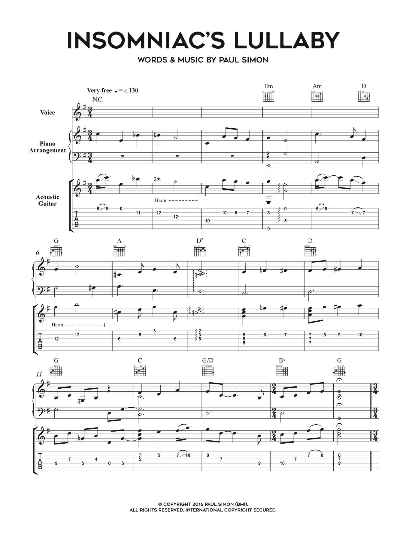 Paul Simon Insomniac's Lullaby sheet music notes and chords arranged for Piano, Vocal & Guitar Chords