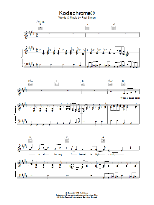 Paul Simon Kodachrome™ sheet music notes and chords arranged for Keyboard (Abridged)