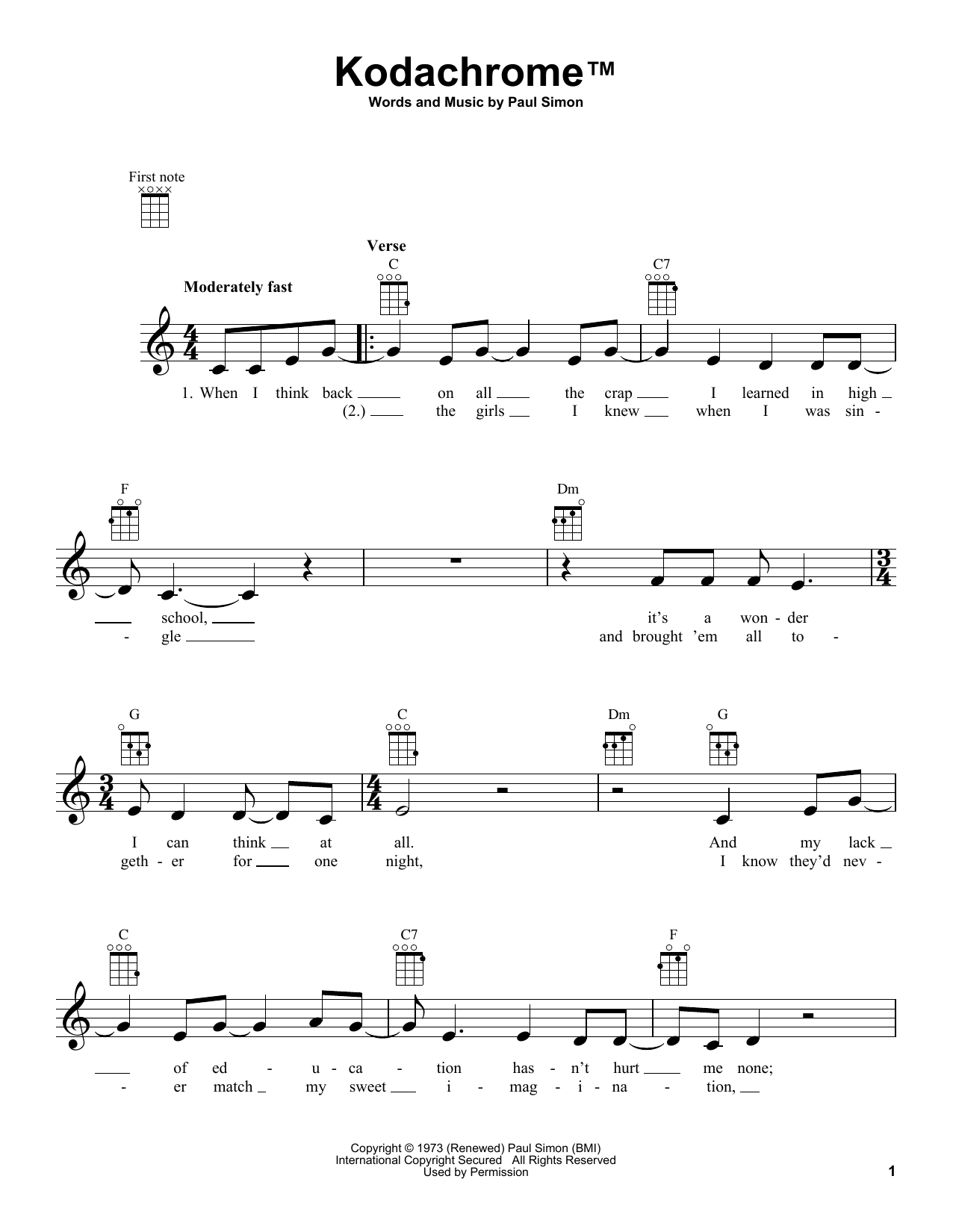 Paul Simon Kodachrome TM sheet music notes and chords arranged for Ukulele