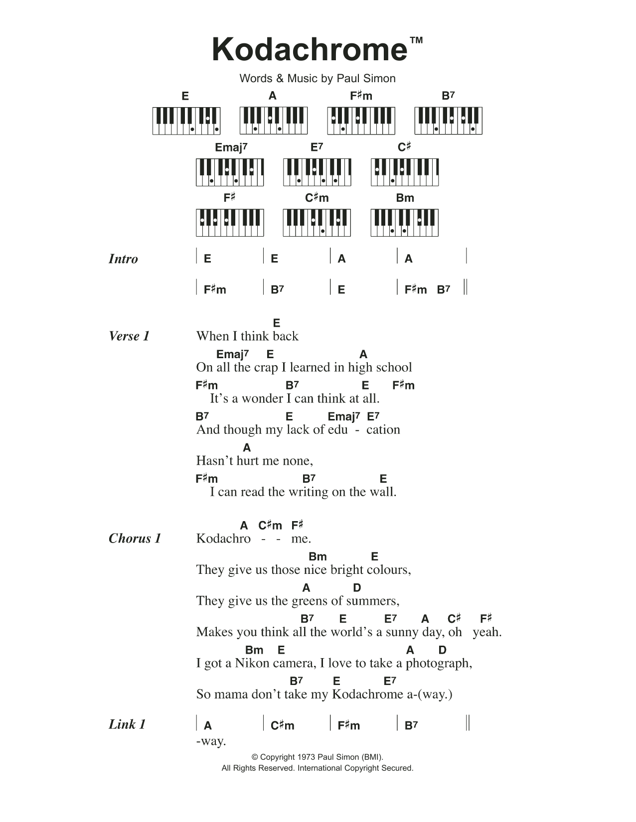 Paul Simon KodachromeTM sheet music notes and chords arranged for Ukulele Chords/Lyrics
