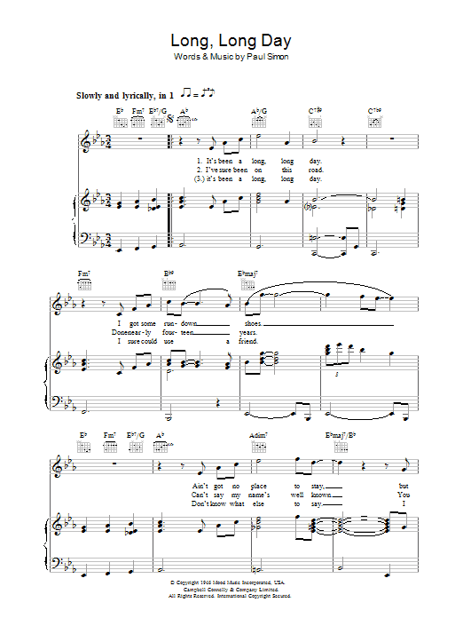Paul Simon Long, Long Day sheet music notes and chords arranged for Piano, Vocal & Guitar Chords