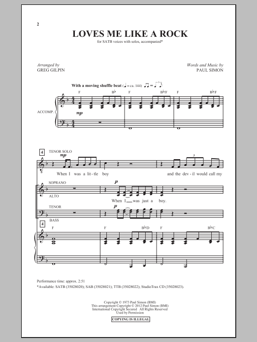Paul Simon Loves Me Like A Rock (arr. Greg Gilpin) sheet music notes and chords arranged for SATB Choir