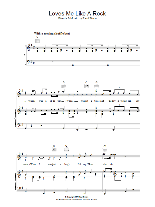 Paul Simon Loves Me Like A Rock sheet music notes and chords arranged for Piano, Vocal & Guitar Chords