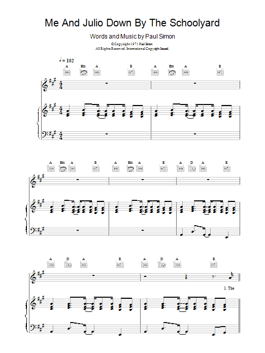Paul Simon Me And Julio Down By The Schoolyard sheet music notes and chords arranged for Piano, Vocal & Guitar Chords
