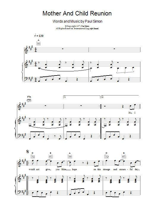 Paul Simon Mother And Child Reunion sheet music notes and chords arranged for Guitar Chords/Lyrics