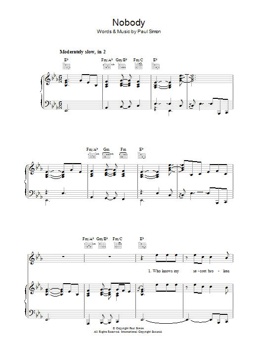 Paul Simon Nobody sheet music notes and chords arranged for Piano, Vocal & Guitar Chords