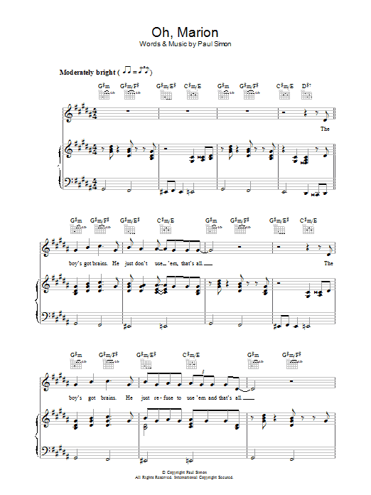 Paul Simon Oh, Marion sheet music notes and chords arranged for Piano, Vocal & Guitar Chords