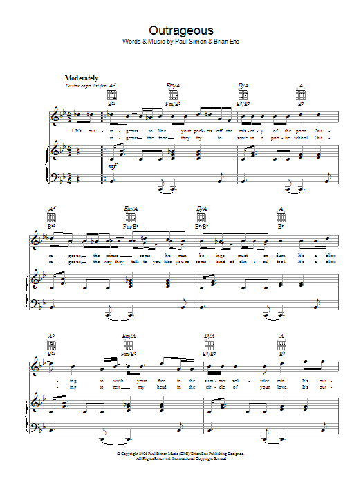 Paul Simon Outrageous sheet music notes and chords arranged for Guitar Chords/Lyrics