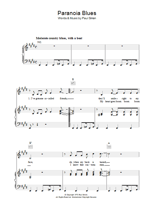 Paul Simon Paranoia Blues sheet music notes and chords arranged for Piano, Vocal & Guitar Chords