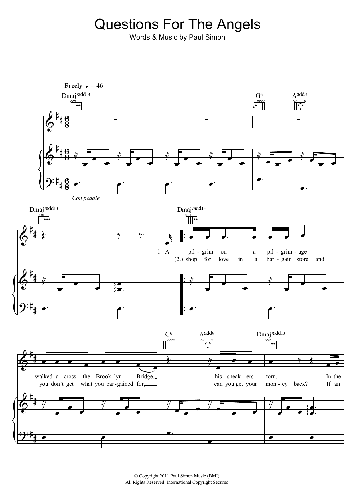 Paul Simon Questions For The Angels sheet music notes and chords arranged for Piano, Vocal & Guitar Chords