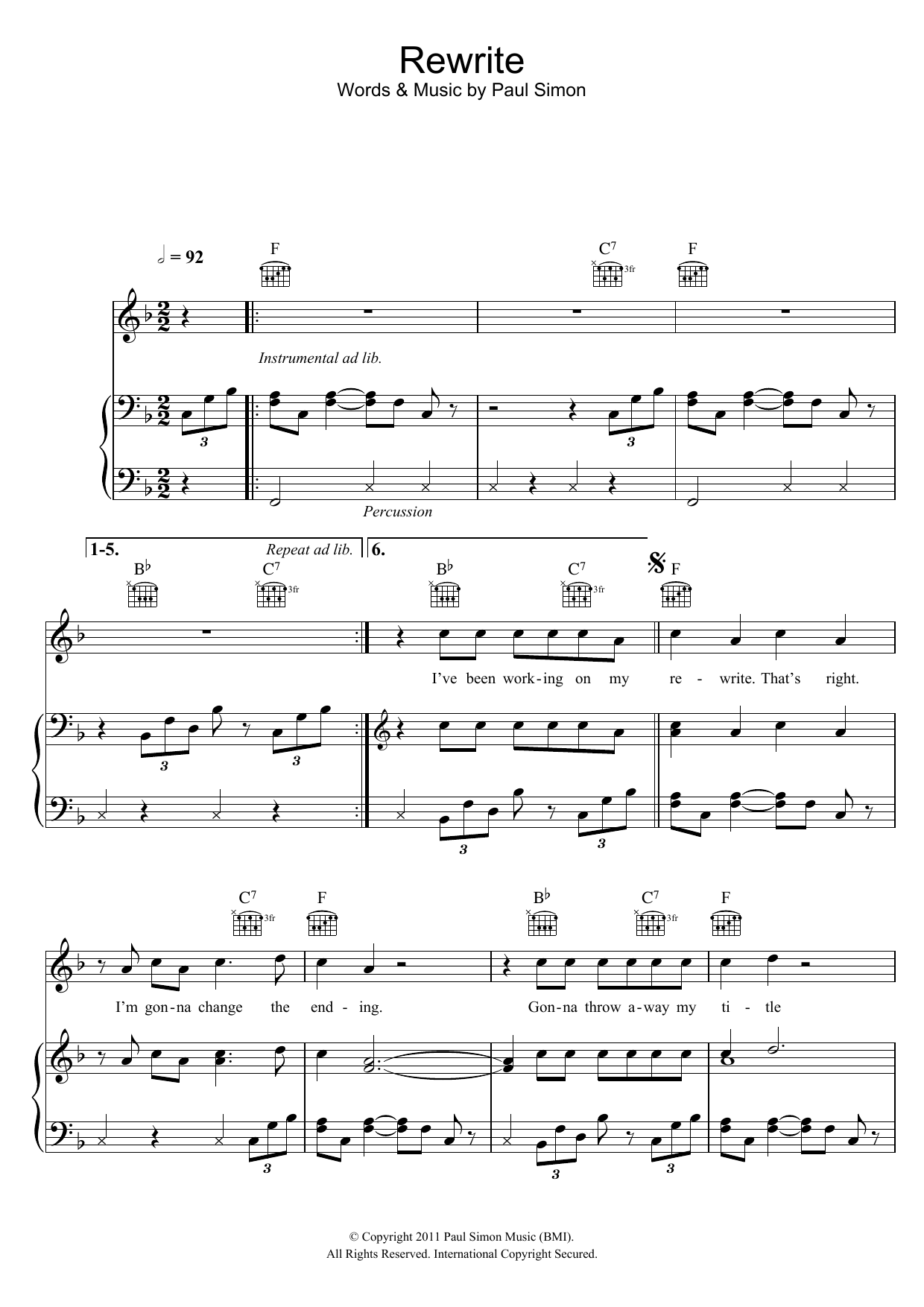 Paul Simon Rewrite sheet music notes and chords arranged for Piano, Vocal & Guitar Chords