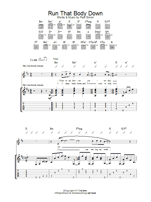 Paul Simon Run That Body Down sheet music notes and chords arranged for Piano, Vocal & Guitar Chords