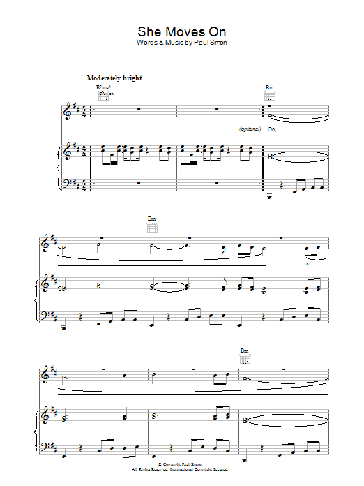 Paul Simon She Moves On sheet music notes and chords arranged for Piano, Vocal & Guitar Chords