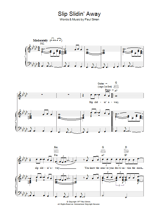 Paul Simon Slip Slidin' Away sheet music notes and chords arranged for Piano, Vocal & Guitar Chords
