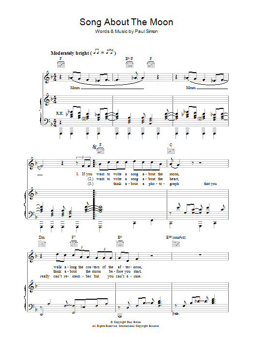 Paul Simon Song About The Moon sheet music notes and chords arranged for Piano, Vocal & Guitar Chords