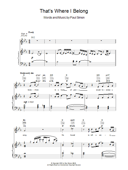 Paul Simon That's Where I Belong sheet music notes and chords arranged for Piano, Vocal & Guitar Chords