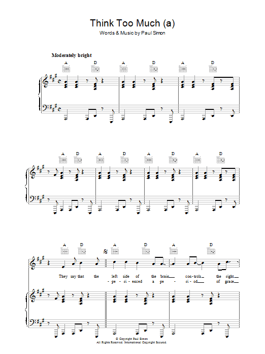 Paul Simon Think Too Much (a) sheet music notes and chords arranged for Piano, Vocal & Guitar Chords