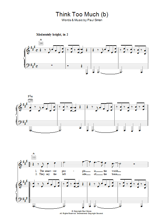 Paul Simon Think Too Much (b) sheet music notes and chords arranged for Piano, Vocal & Guitar Chords
