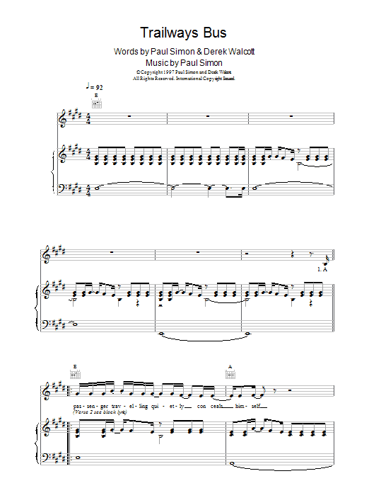 Paul Simon Trailways Bus sheet music notes and chords arranged for Piano, Vocal & Guitar Chords