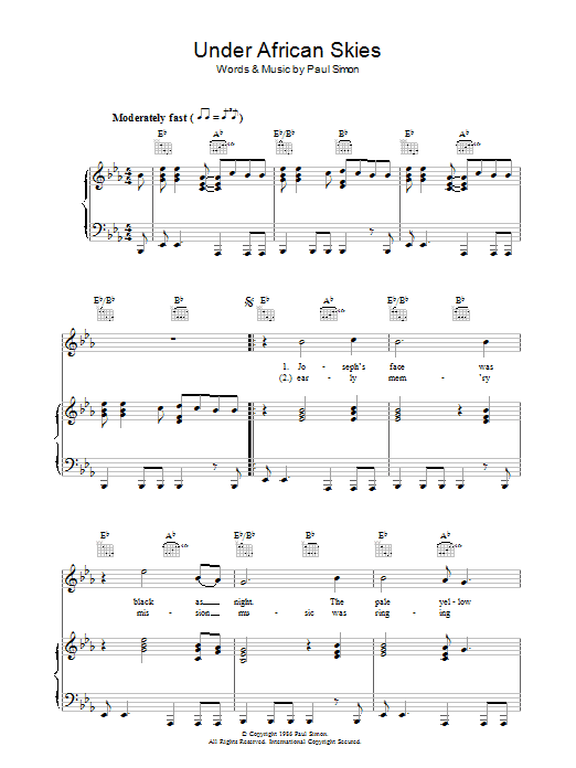 Paul Simon Under African Skies sheet music notes and chords arranged for Piano Chords/Lyrics