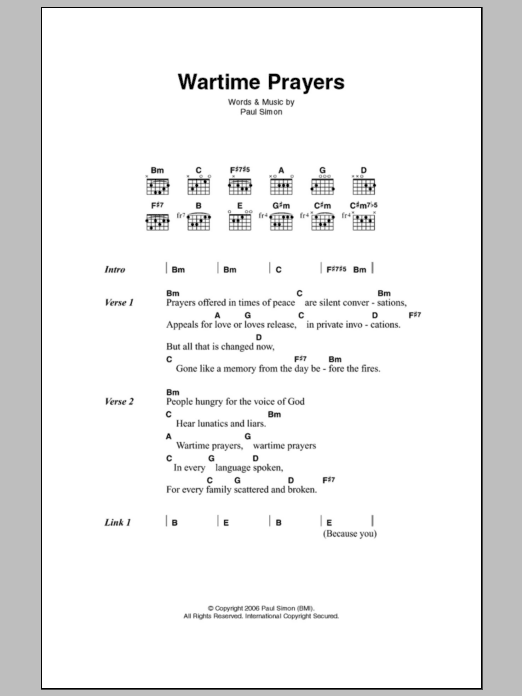 Paul Simon Wartime Prayers sheet music notes and chords arranged for Guitar Chords/Lyrics