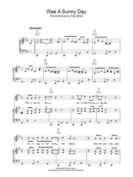 Paul Simon Was A Sunny Day sheet music notes and chords arranged for Piano, Vocal & Guitar Chords