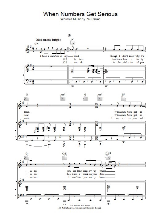 Paul Simon When Numbers Get Serious sheet music notes and chords arranged for Piano, Vocal & Guitar Chords