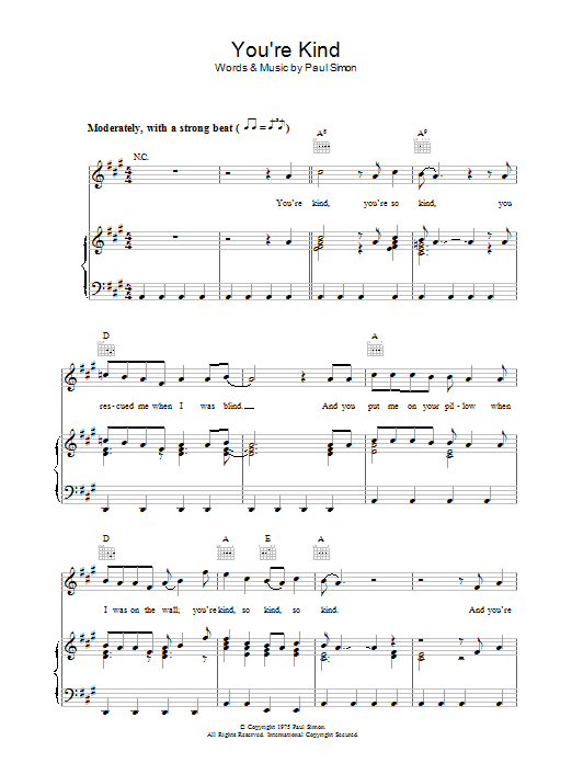Paul Simon You're Kind sheet music notes and chords arranged for Piano, Vocal & Guitar Chords