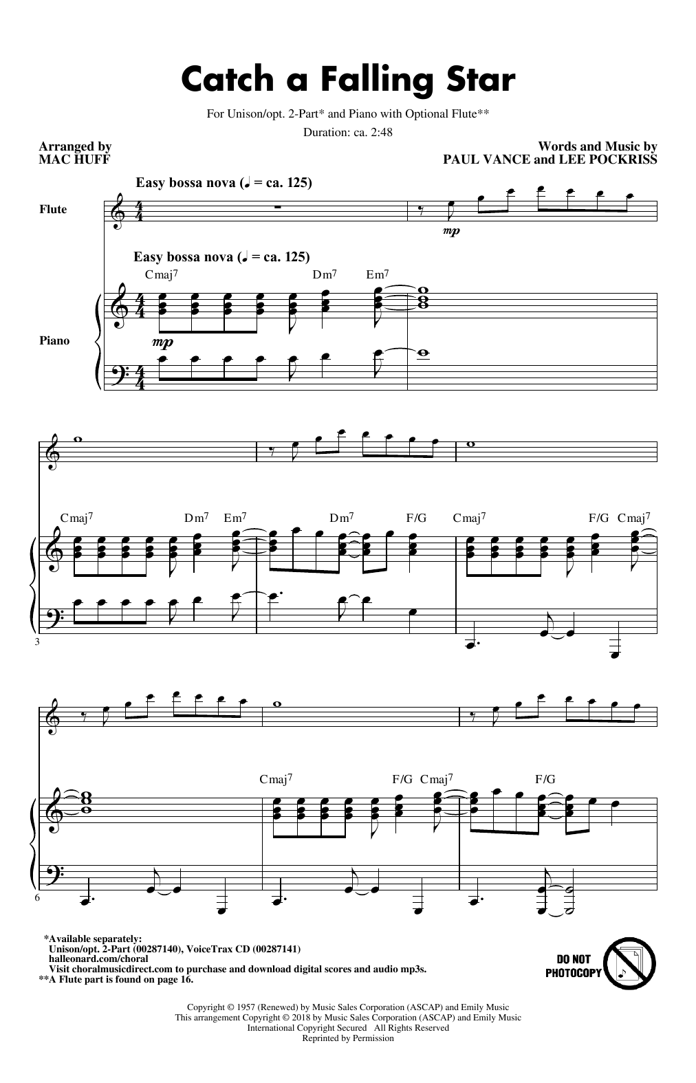 Paul Vance & Lee Pockriss Catch A Falling Star (arr. Mac Huff) sheet music notes and chords arranged for Unison Choir