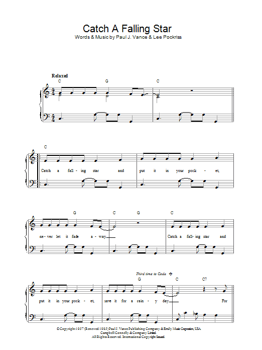 Paul Vance Catch A Falling Star sheet music notes and chords arranged for Easy Piano