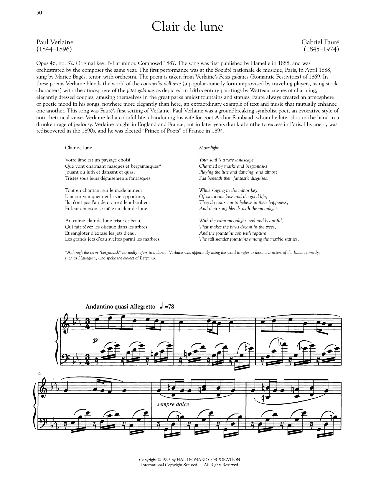 Paul Verlaine Clair De Lune sheet music notes and chords arranged for Piano & Vocal