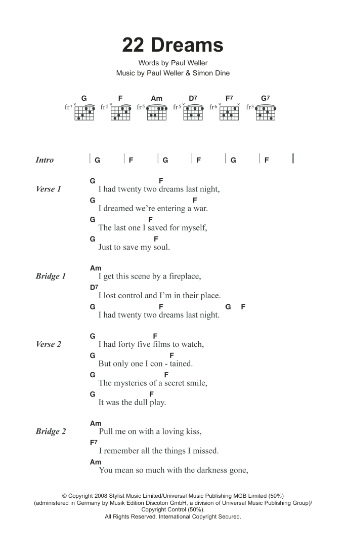 Paul Weller 22 Dreams sheet music notes and chords arranged for Guitar Chords/Lyrics