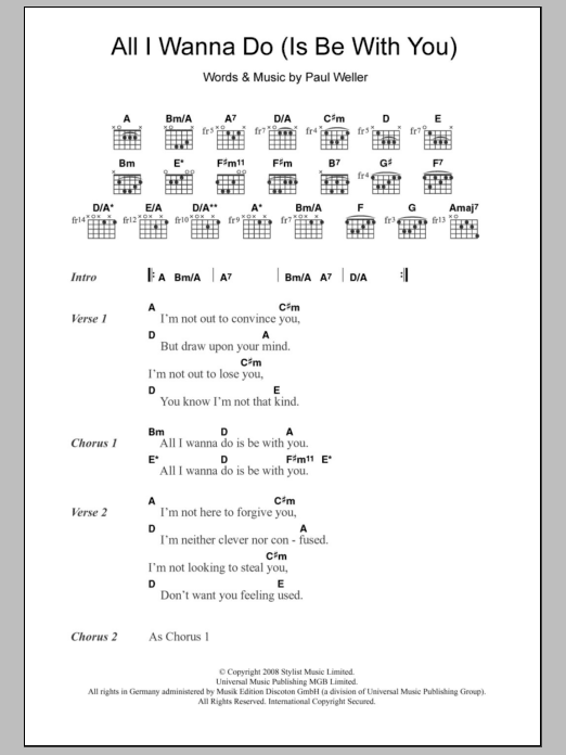 Paul Weller All I Wanna Do (Is Be With You) sheet music notes and chords arranged for Guitar Chords/Lyrics