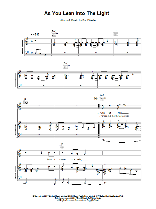 Paul Weller As You Lean Into The Light sheet music notes and chords arranged for Piano, Vocal & Guitar Chords